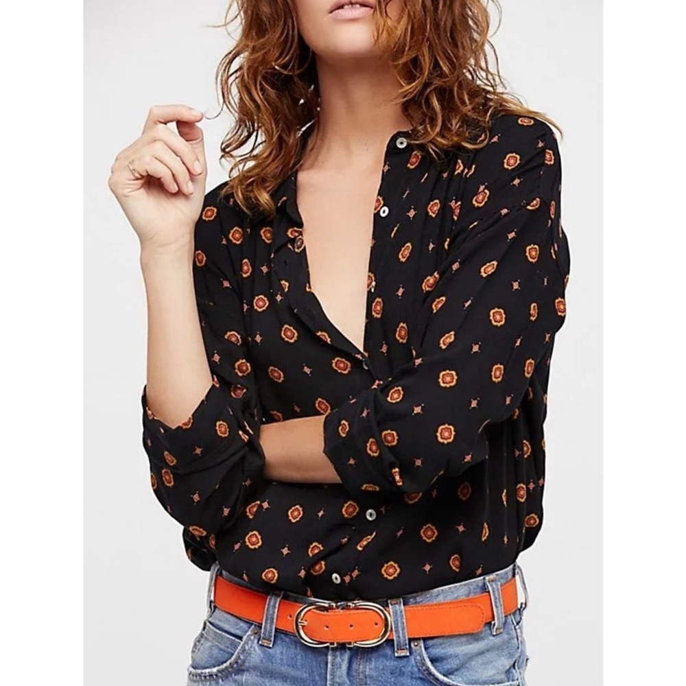 Free People Intimately Shirt Up Blouse Black Medallion Boho Button Down XS Indie